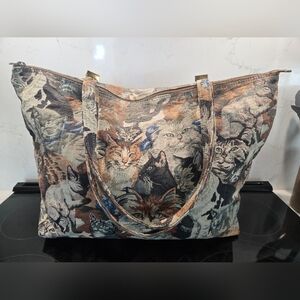 Vintage Kitty Cat Tapestry Tote Bag Weekender Tabby Crazy Cat Lady